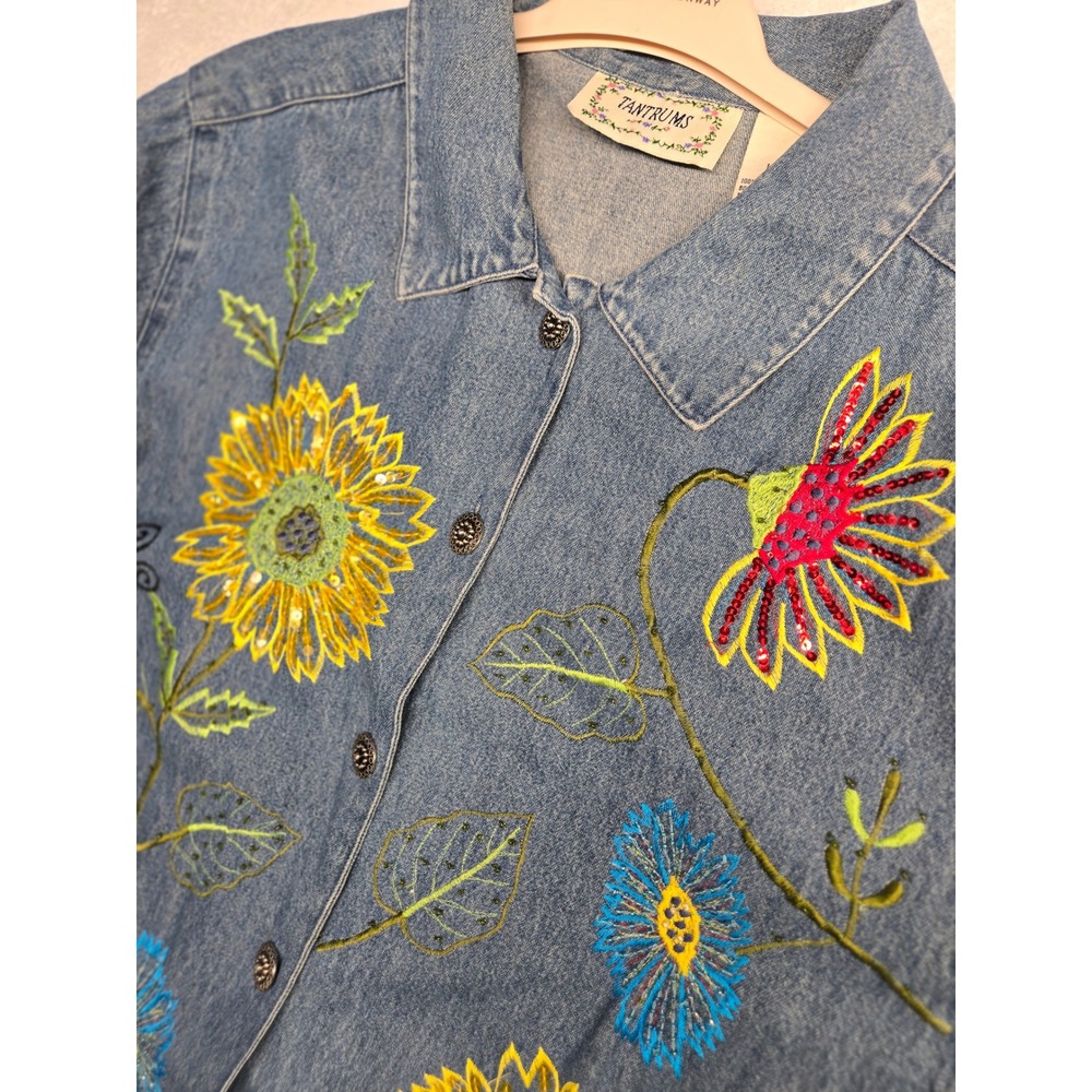 Vintage Embroidered Sunflower Ladybug Denim Jacket Blue Large L Cotton Pockets - Picture 16 of 16